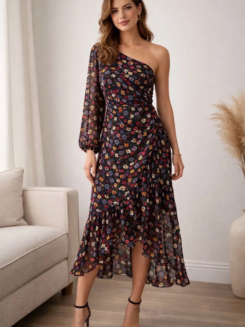 ASTR the Label Calista Asymmetrical Neck Floral Print Midi Dress Size Medium NWT